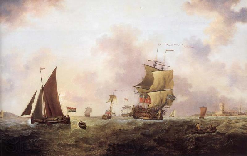Francis Swaine A two-decker of the Royal Navy and other shipping off St.Peter Port France oil painting art